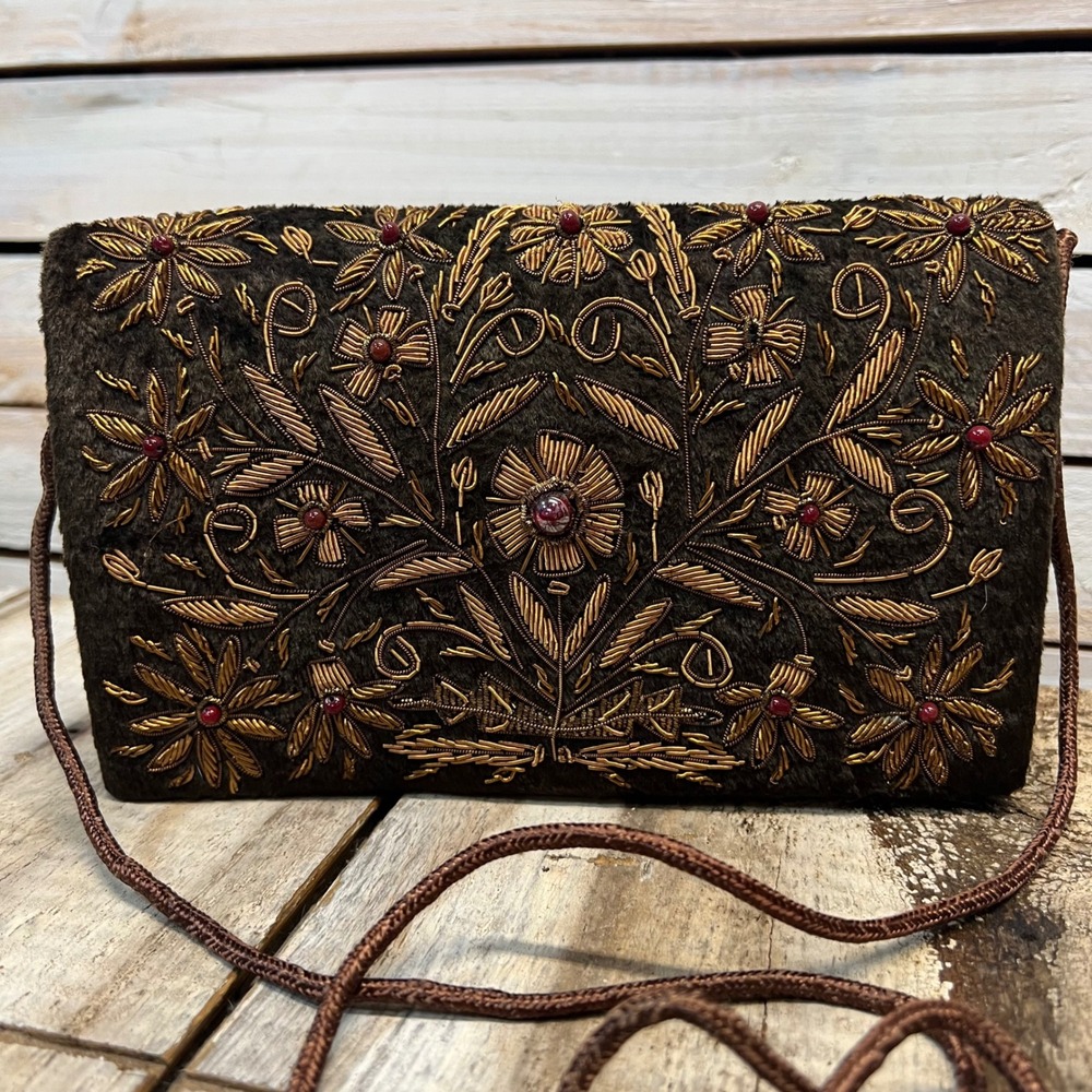 World Market Brown Faux Suede Embroidered Beaded Floral Crossbody Clutch Bag